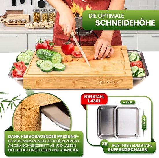 Bamboe snijplank met 2 roestvrijstalen opvangschalen voor Bamboe snijplank met 2 roestvrijstalen opvangschalen voor