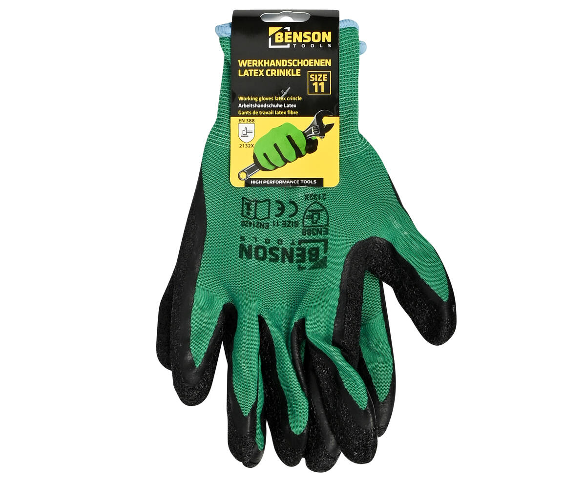 Werkhandschoenen latex crinkle groen zwart maat 11