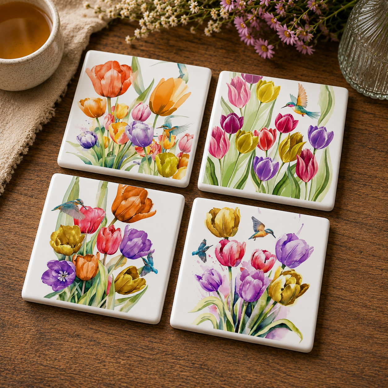 Tulpen onderzetter porselein 4dlg