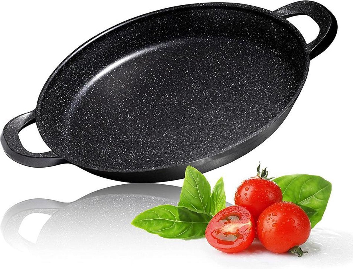 Royal Cuisine Amsterdam Paella pan 32 cm – antiaanbaklaag Steencoating - voor Inductie en alle warmtebronnen - Met afneembare siliconen handvatten.