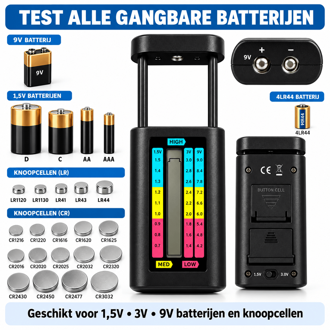 Universele batterijtester voor AA, AAA, C, D, 9V en knoopcellen
