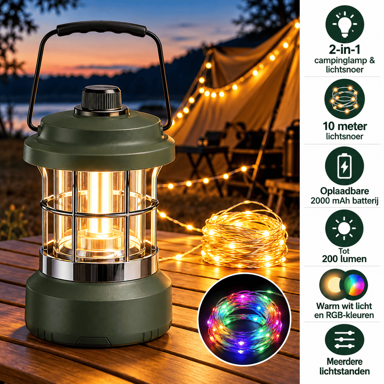 Oplaadbare Campinglamp met RGB-Lichtsnoer 10 m – 2-in-1, Groen