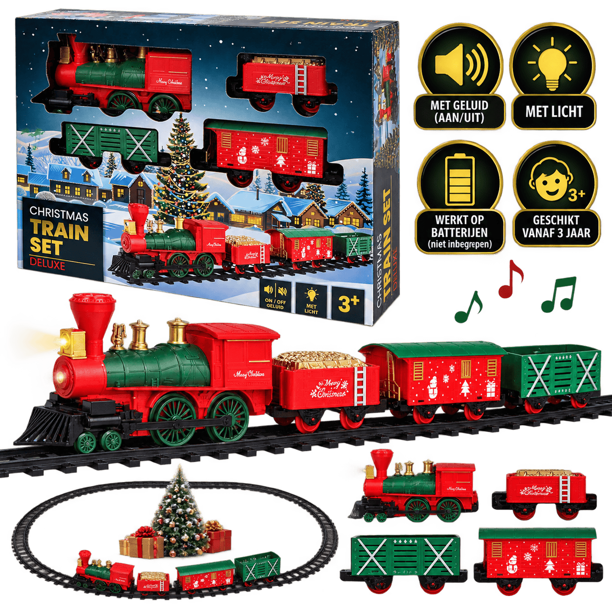 Kersttrein met Rails, Licht en Geluid – Locomotief + 3 Wagons