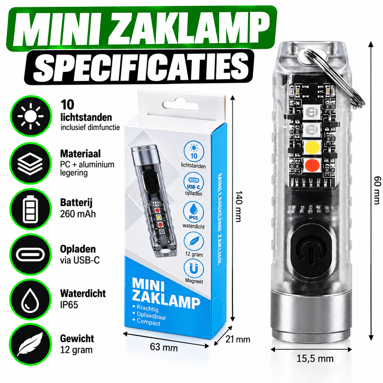 Mini LED Sleutelhanger Zaklamp – Oplaadbaar – Magnetisch – 1000 Lumen – IP65