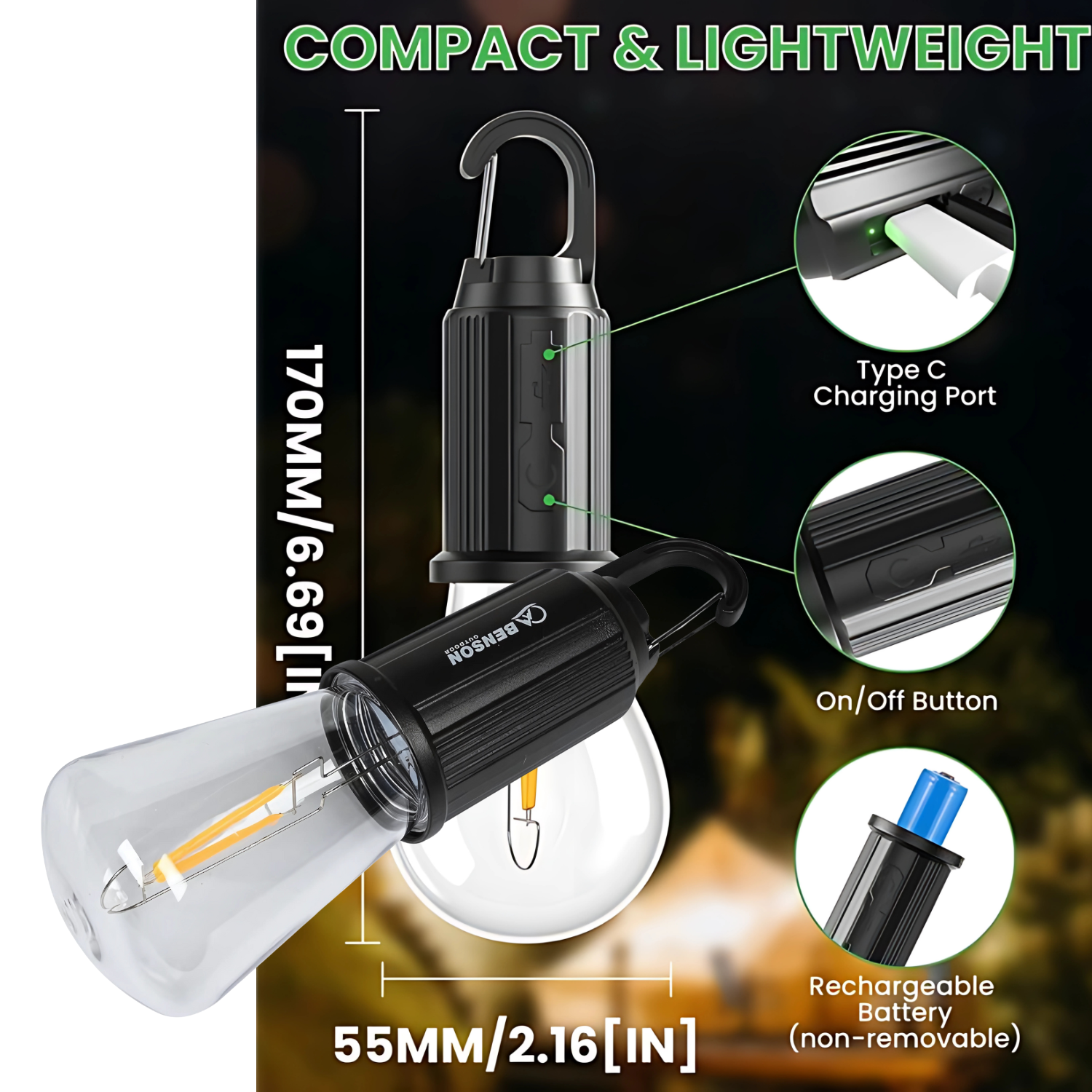 Benson Oplaadbare campinglamp met karabijnhaak - 100 lumen - LED - lichtgewicht - Type-C USB