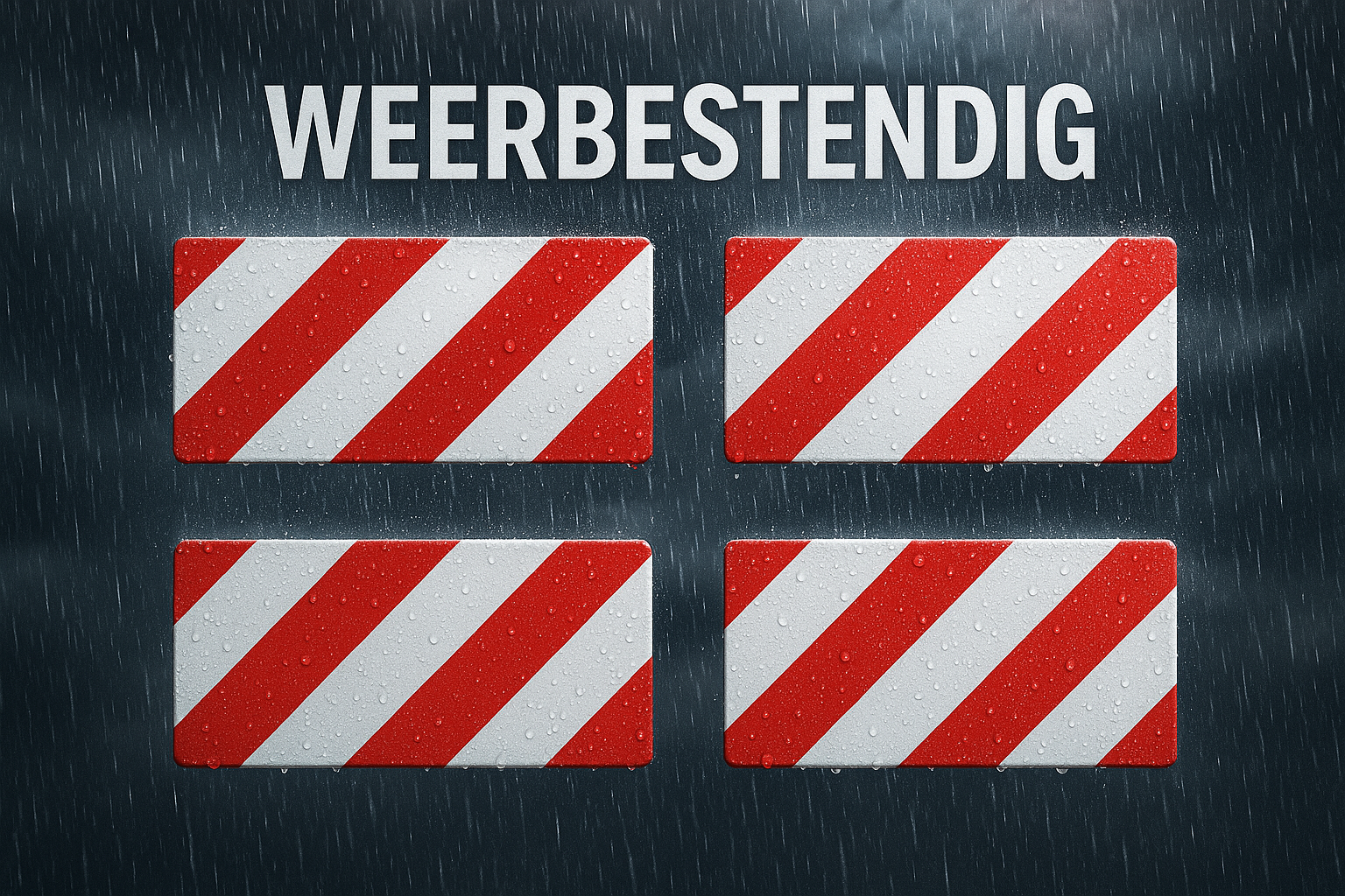 4 weather-resistant rectangular reflector bars in the rain with Dutch text
