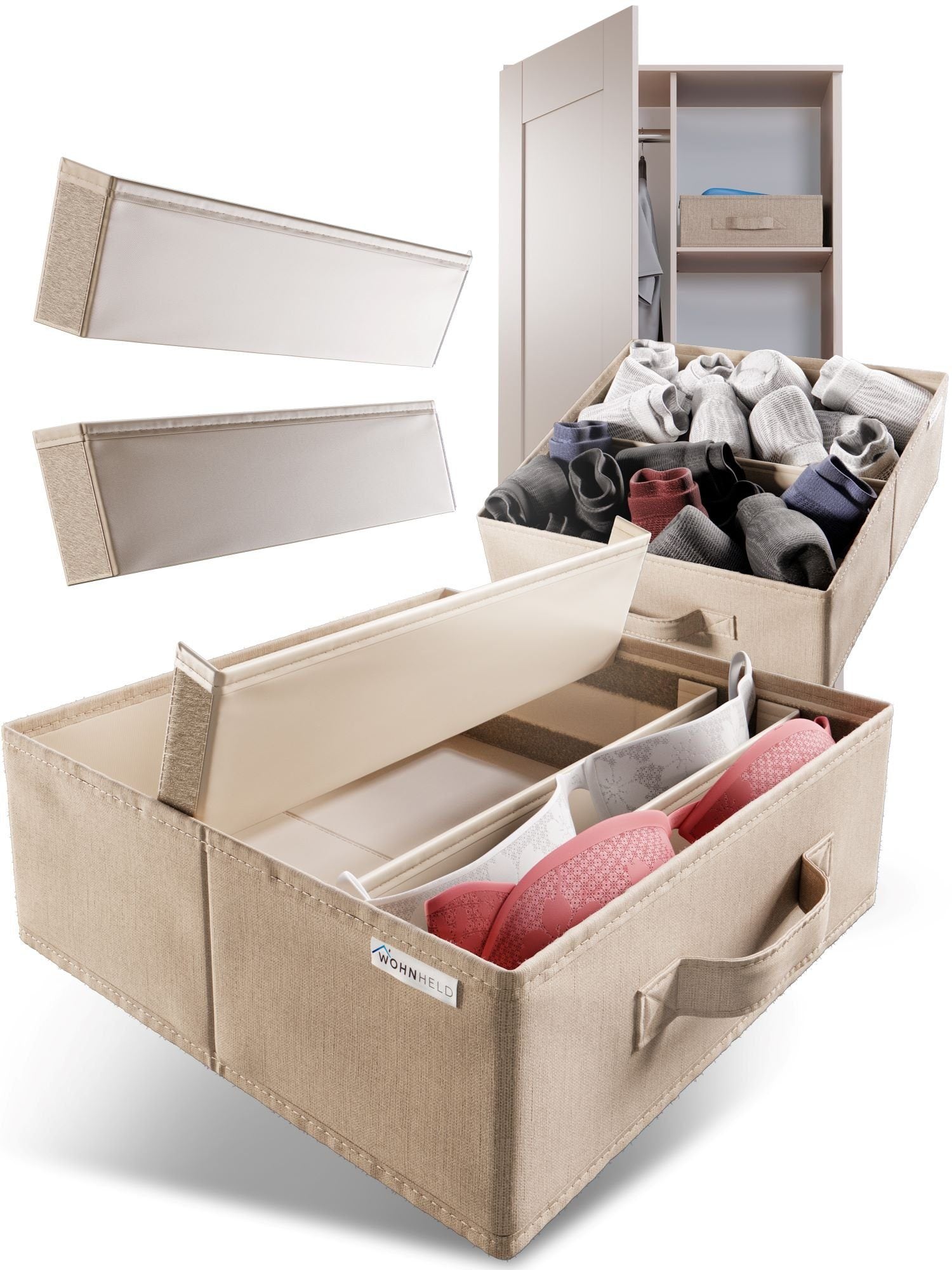 WOHNHELD Kledingkast organizer 2 stuks - 30X30X11CM - BEIGE - Kledingkast- en lade-organizer - verwijderbare scheidingswanden - opvouwbare opbergdozen, garderobekast