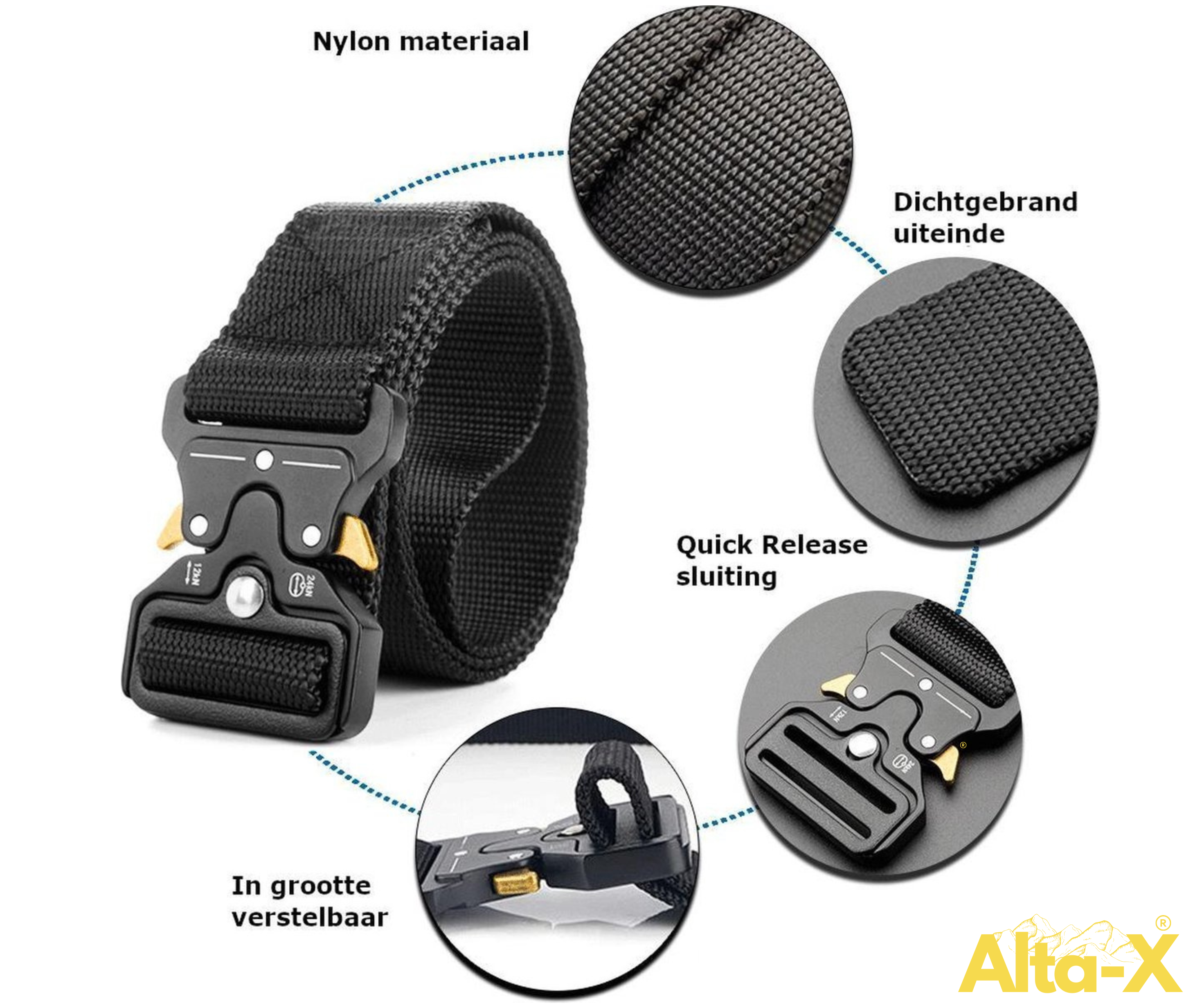 Alta-X - Tactical Belt - Werkriem - Veiligheidsriem - Heup Riem - Quick Release - 125 CM - Verstelbaar - Zwart - klik riem