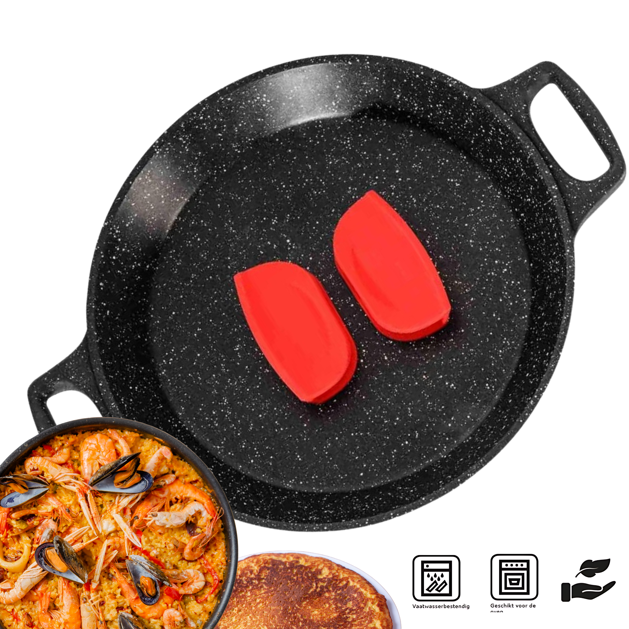 Royal Cuisine Amsterdam Paella pan 32 cm – antiaanbaklaag Steencoating - voor Inductie en alle warmtebronnen - Met afneembare siliconen handvatten.