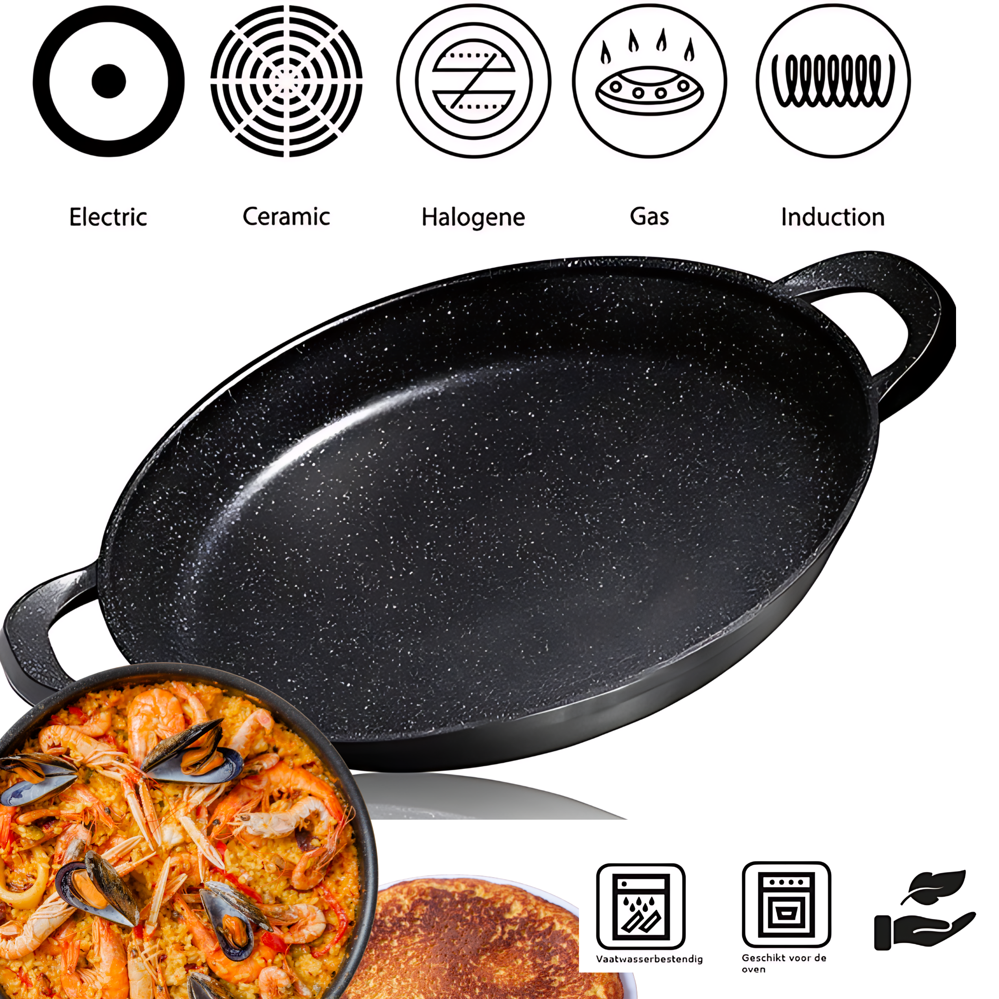 Royal Cuisine Amsterdam Paella pan 32 cm – antiaanbaklaag Steencoating - voor Inductie en alle warmtebronnen - Met afneembare siliconen handvatten.