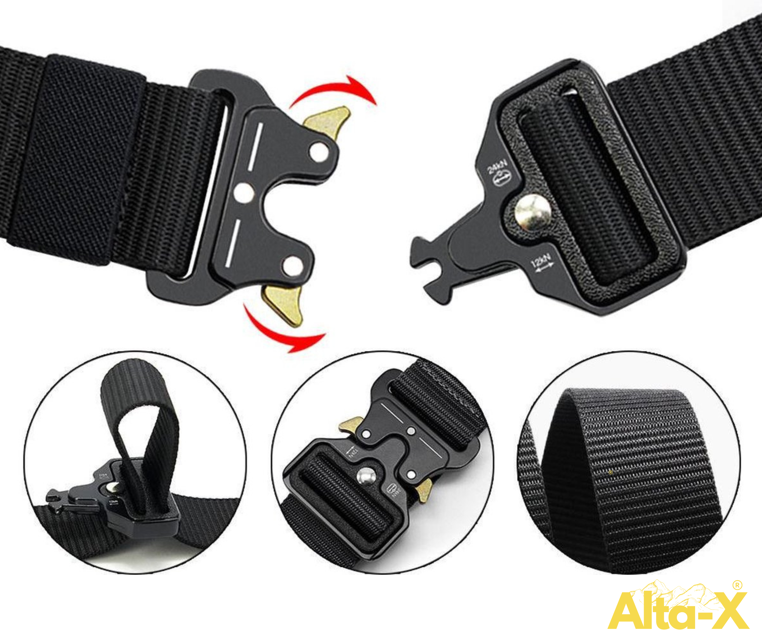 Alta-X - Tactical Belt - Werkriem - Veiligheidsriem - Heup Riem - Quick Release - 125 CM - Verstelbaar - Zwart - klik riem