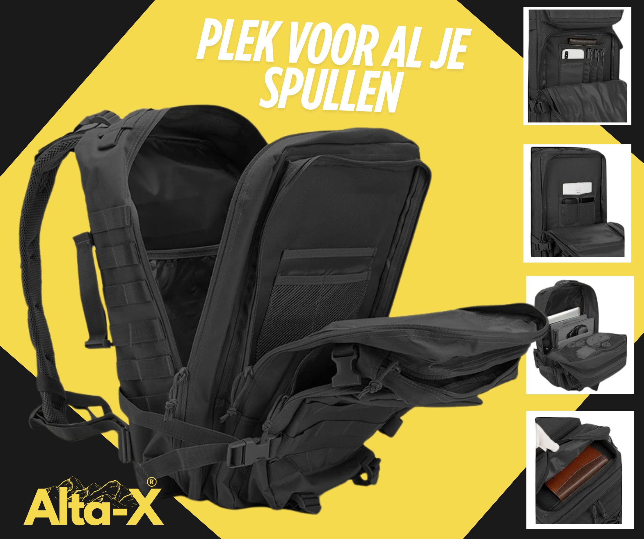 Alta-X - 45L Militaire Rugzak Zwart | Tactische rugzak | Oxford Stof | Waterdicht | Zwart | Schooltas