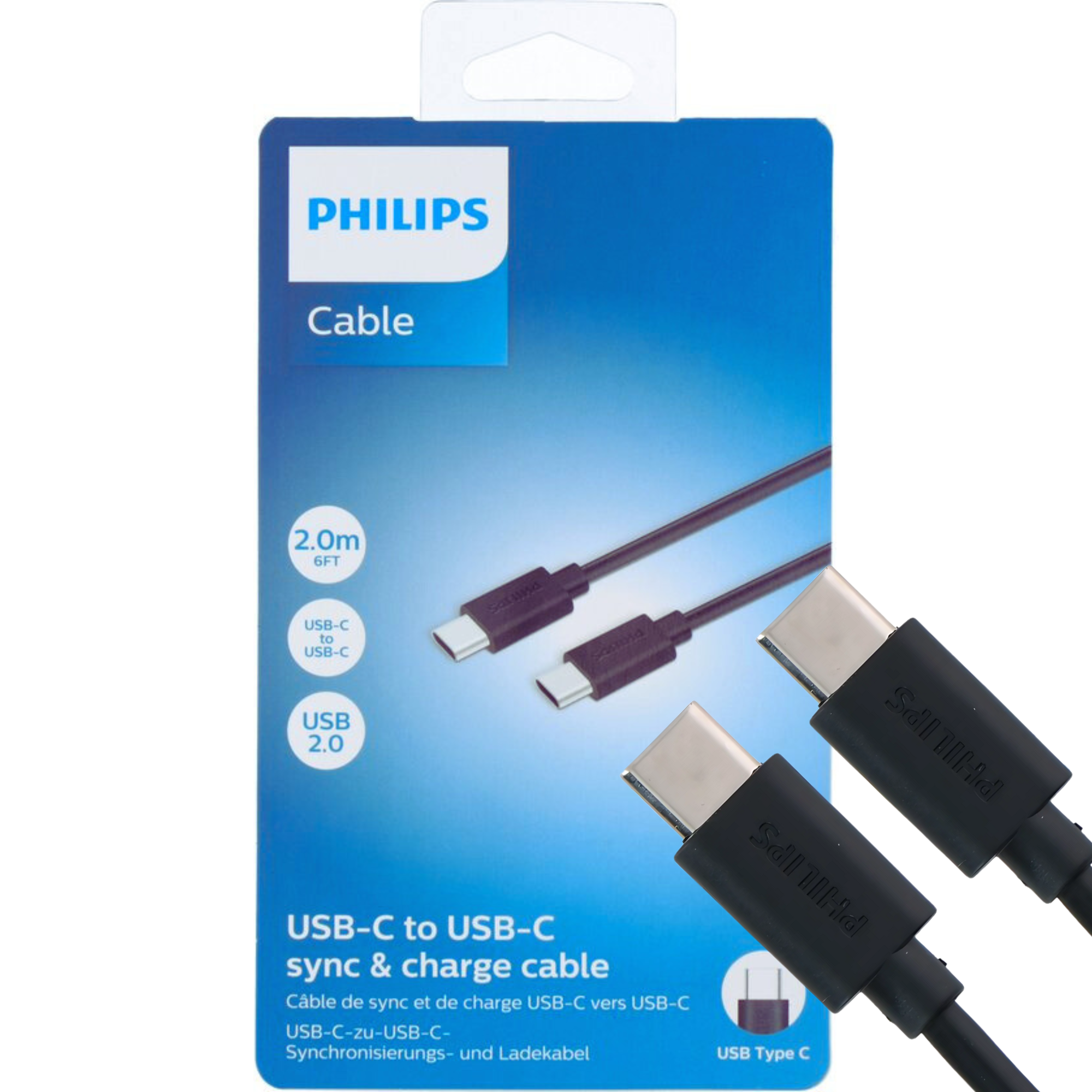 Philips - USB-C naar USB-C Kabel - 2 Meter Kabel - DLC3106C/03  - Reservekabel - Zwart