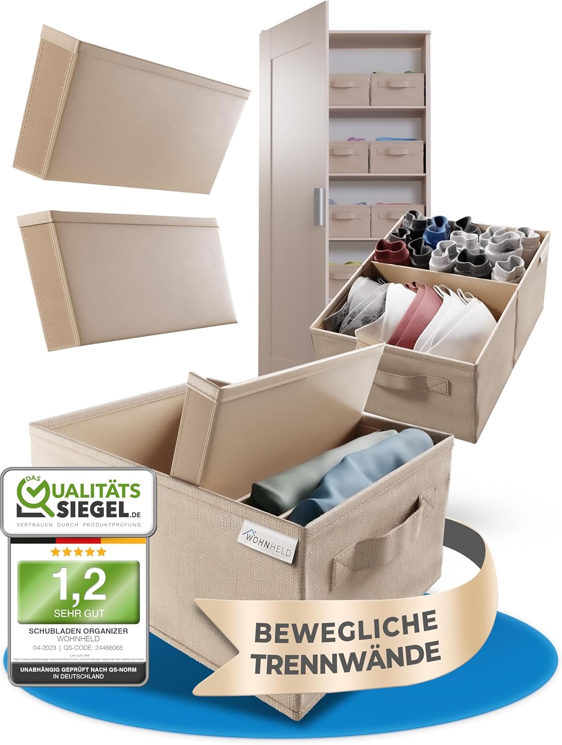 WOHNHELD kledingkast organizer 2 stuks - 30X23X14 CM - BEIGE - GRIJS - Kledingkast- en lade-organizer - verwijderbare scheidingswanden -GRIJS - BEIGE - opvouwbare opbergdozen, garderobekast