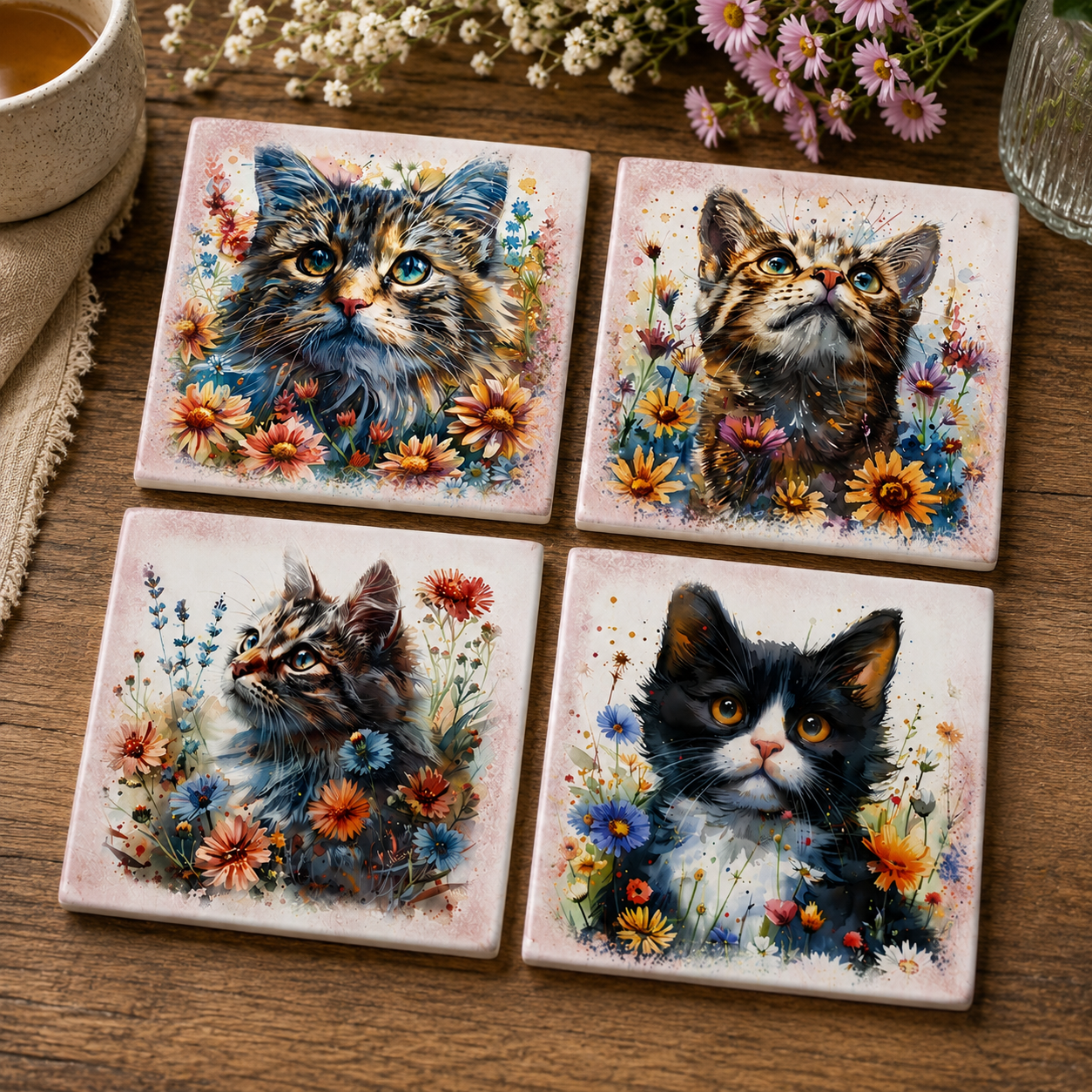 Katten onderzetter porselein 4dlg