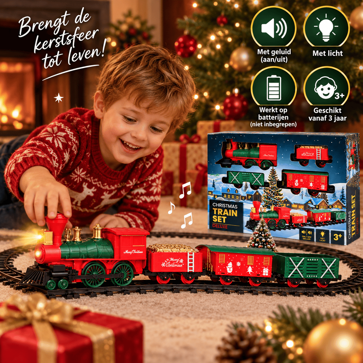Kersttrein met Rails, Licht en Geluid – Locomotief + 3 Wagons