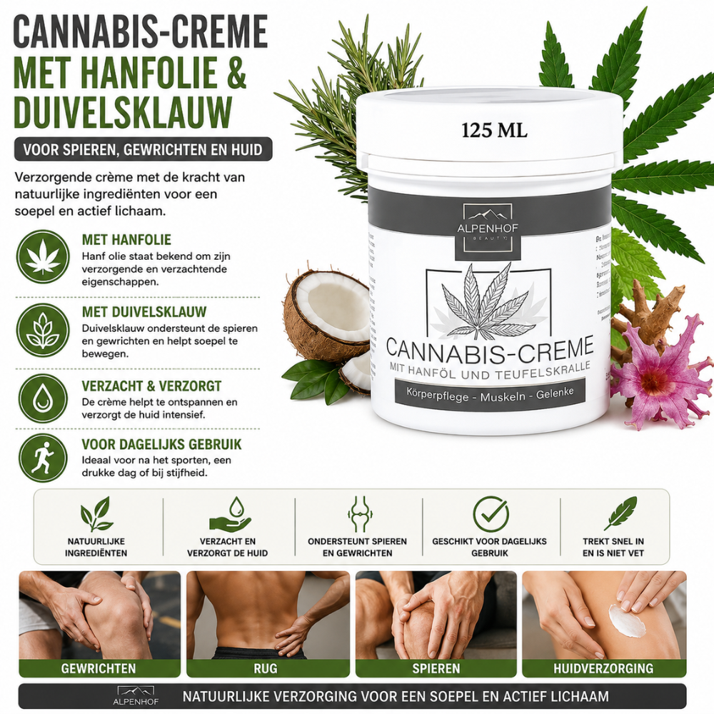 Alpenhof Cannabis Crème 125ml – Spieren, Gewrichten & Huidverzorging | Hennepolie & Menthol
