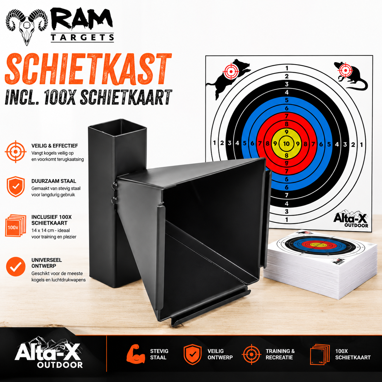 Alta-X Schietkast met 100 Schietkaarten 14×14 cm – Stalen Kogelvanger Classic Competitie