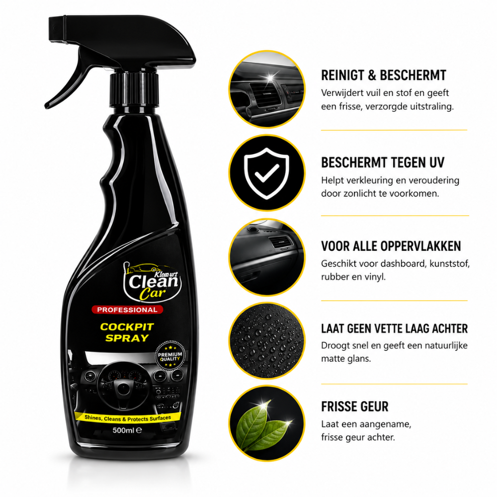 Clean Car Cockpit Spray 500 ml | Dashboardreiniger met Antistatische Werking