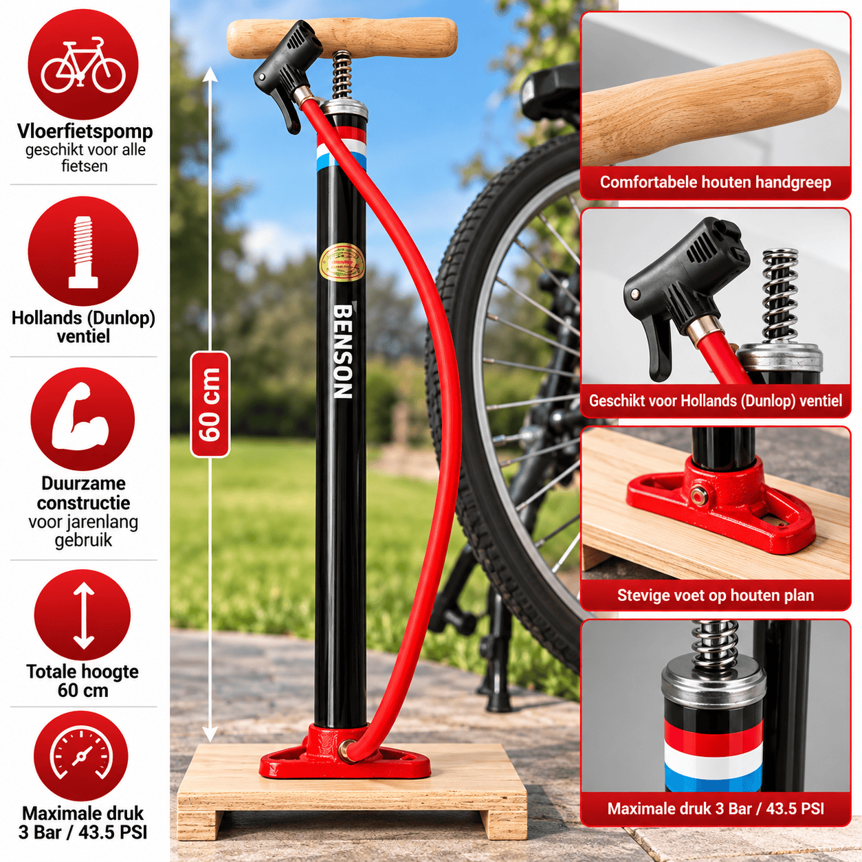 Benson Holland Fietspomp 60 cm – Dunlop, Houten Voet