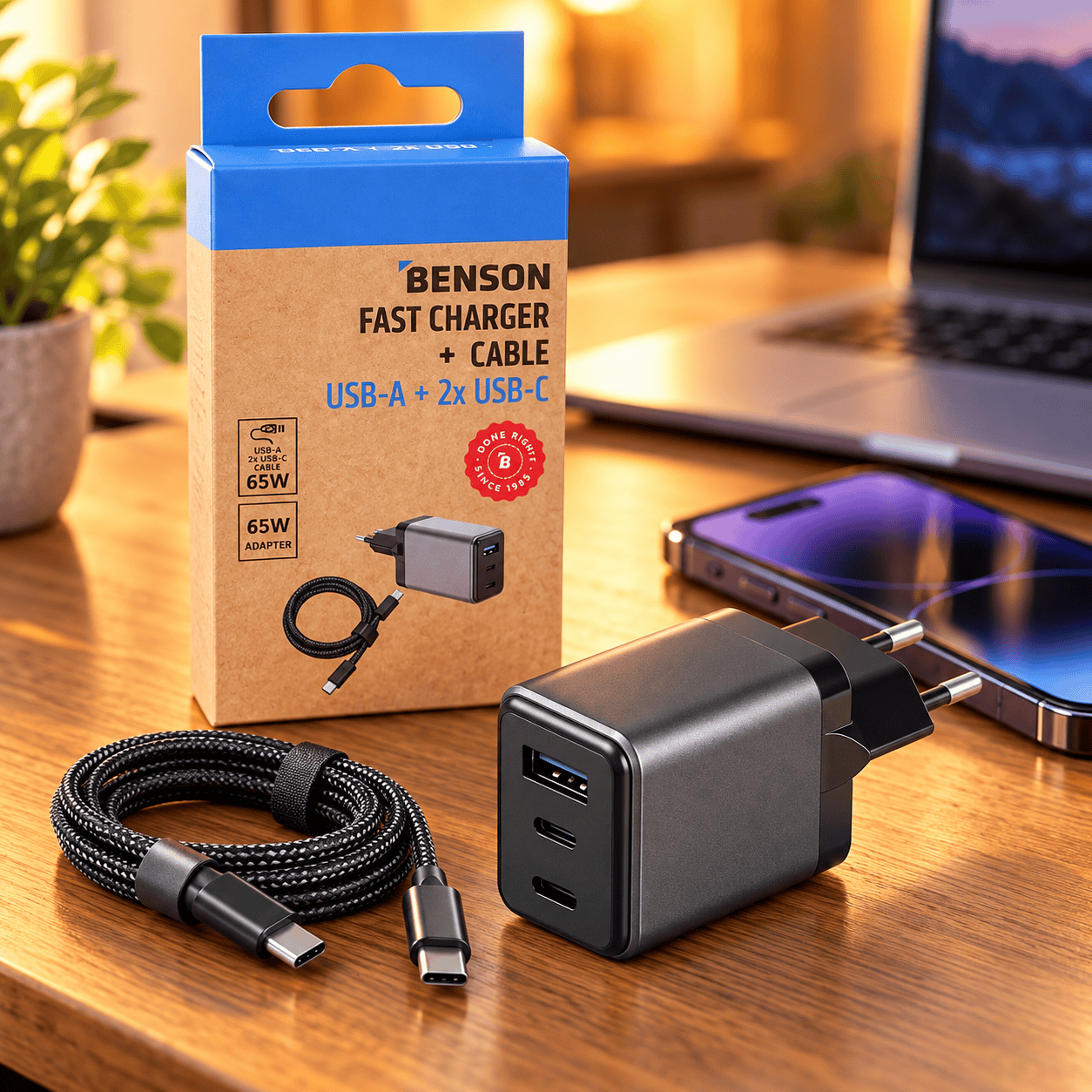 65W USB-C Snellader PD 3.0 – 3 Poorten + USB-C-kabel 1 m