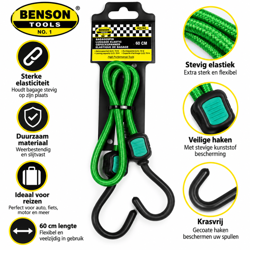 Benson Elastische Bagagespin 60 cm – Groen | 2 Haken | Fiets, Auto & Aanhanger