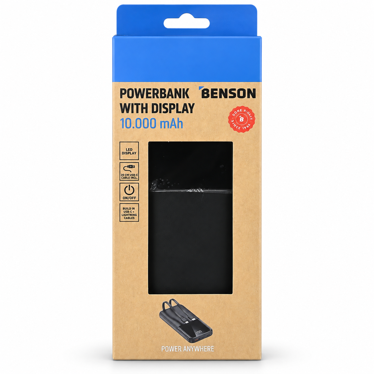Powerbank 10.000 mAh met Display en USB-C- & Lightning-kabel – Zwart
