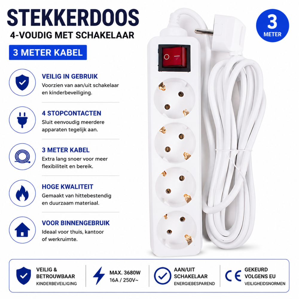 Benson Tafelcontactdoos 4-Voudig met Schakelaar – Randaarde – 3 Meter – Wit