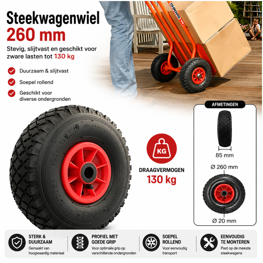 Benson Wiel 3.00-4 | 260 x 85 mm – Steekwagen & Bolderkar | 136 kg | Luchtband