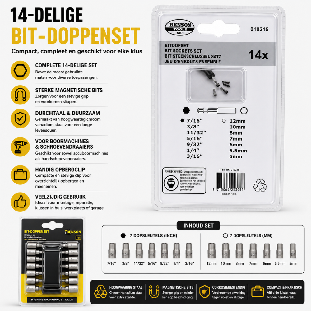 Bit- en Dopset 14-delig – Schroefbits & Doppen | MM & Inch | DHZ & Professioneel