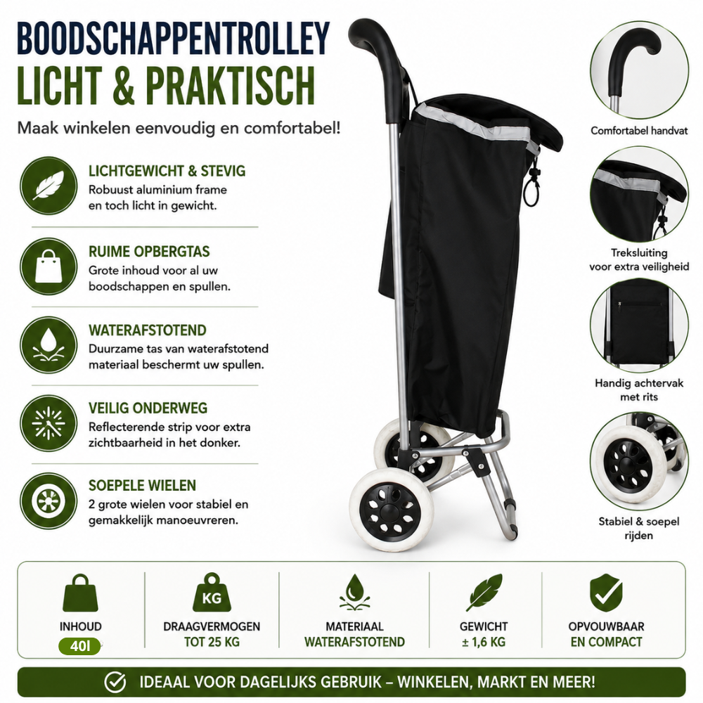 Boodschappentrolley 40 Liter Zwart – 25 kg | 2 Wielen | 92×32×21 cm