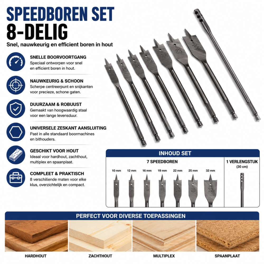 Speedborenset 10-delig – 8 Speedboren + 30 cm Verlengstuk | Zeskant