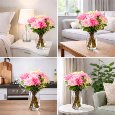 Kunst Dahlia Boeket Roze/Wit/Geel/Fushia – 8 Luxe Kunstbloemen 60cm – Realistische Dahlia Bloemen – Decoratie voor Woonkamer, Tafel of Interieur