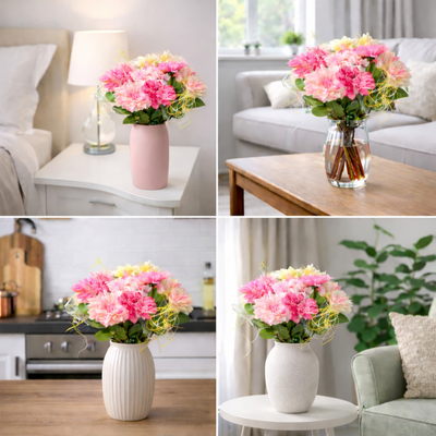 Kunst Dahlia Boeket Roze/Wit/Geel/Fushia – 8 Luxe Kunstbloemen 60cm – Realistische Dahlia Bloemen – Decoratie voor Woonkamer, Tafel of Interieur