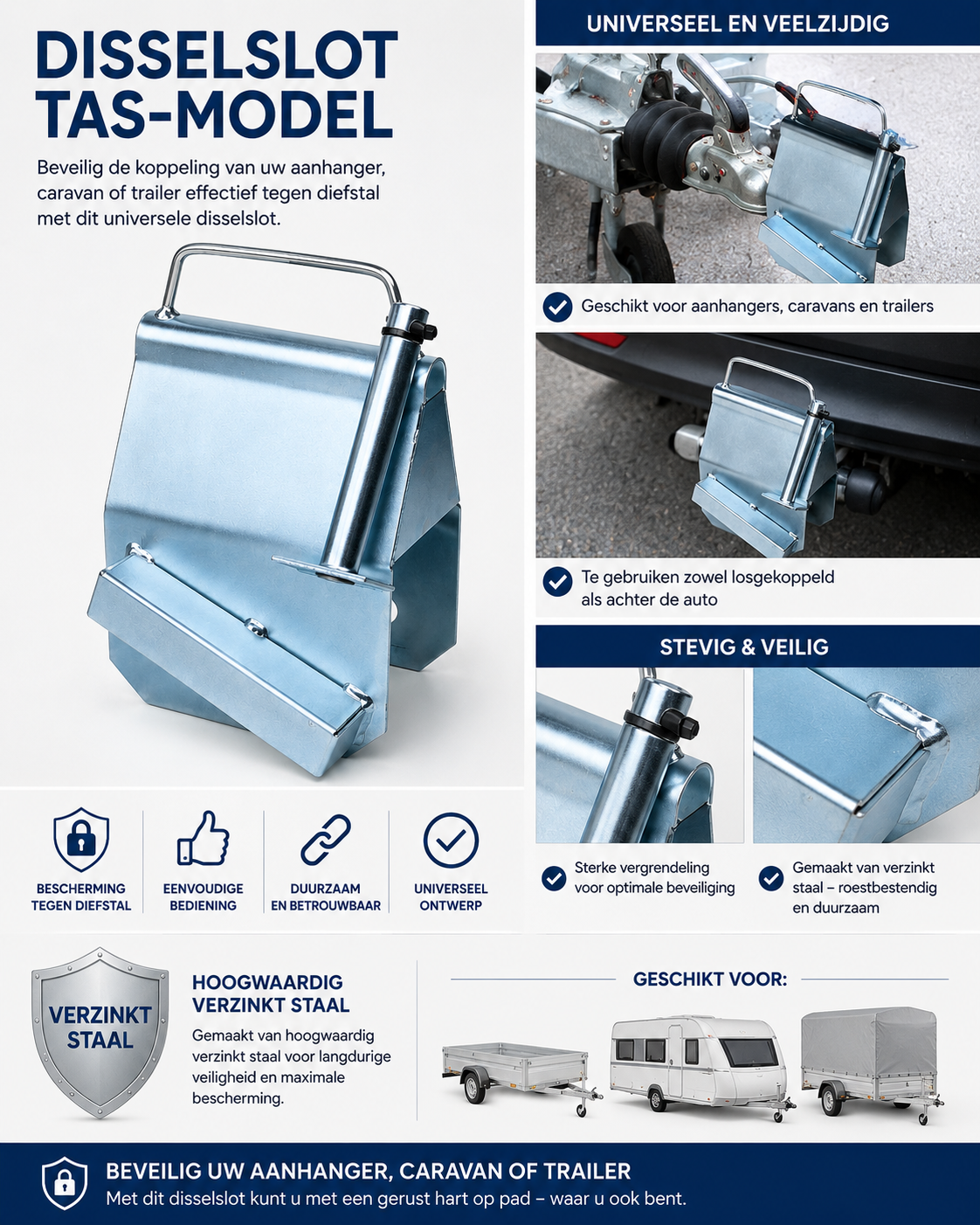 Disselslot Tas-model – Universeel Aanhangwagen Slot – Verzinkt Staal