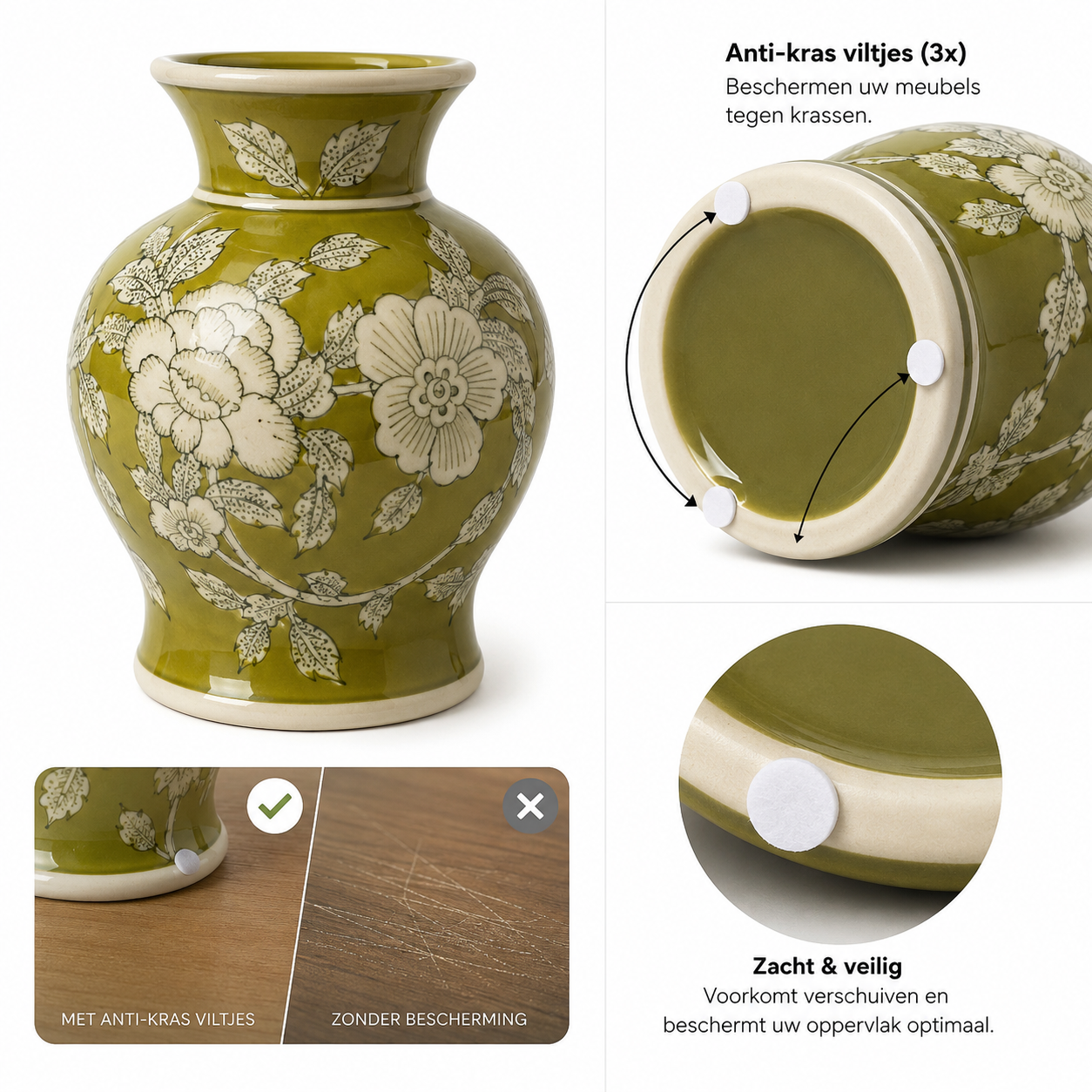 Porseleinen Bloemenvaas – Groen Wit Bloemmotief – Chinoiserie Stijl – Ø 15 × H 18 cm