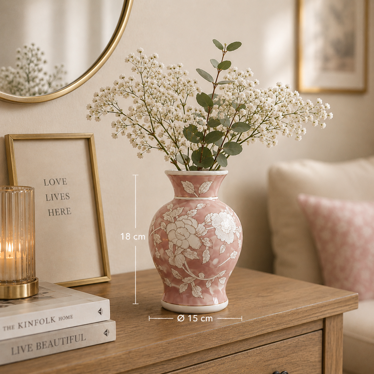 Porseleinen Bloemenvaas – Rosé Wit Bloemmotief – Chinoiserie Stijl – Ø 15 × H 18 cm