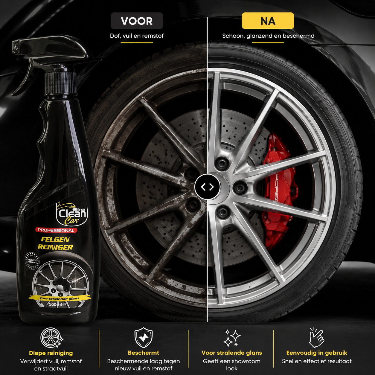 CLEAN Car Autovelgenreiniger – 500 ml – Velgenreiniger – Spuitfles – Voor Stalen en Lichtmetalen Velgen