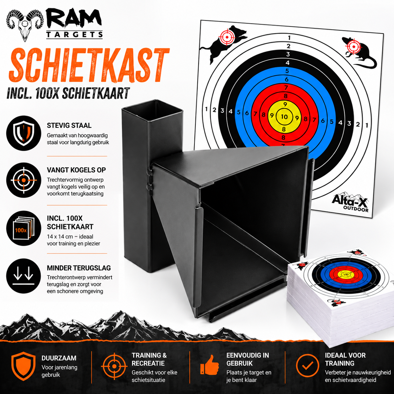 Alta-X Schietkast met 100 Schietkaarten 14×14 cm – Stalen Kogelvanger Classic Competitie