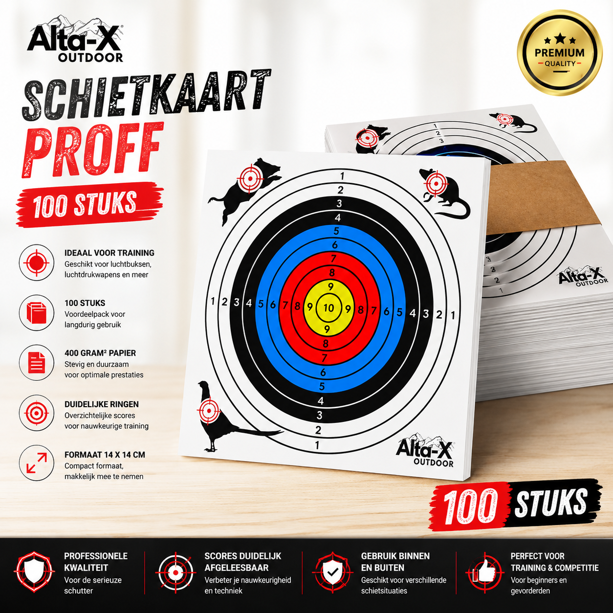 Alta-X Schietkast met 100 Schietkaarten 14×14 cm – Stalen Kogelvanger Classic Competitie