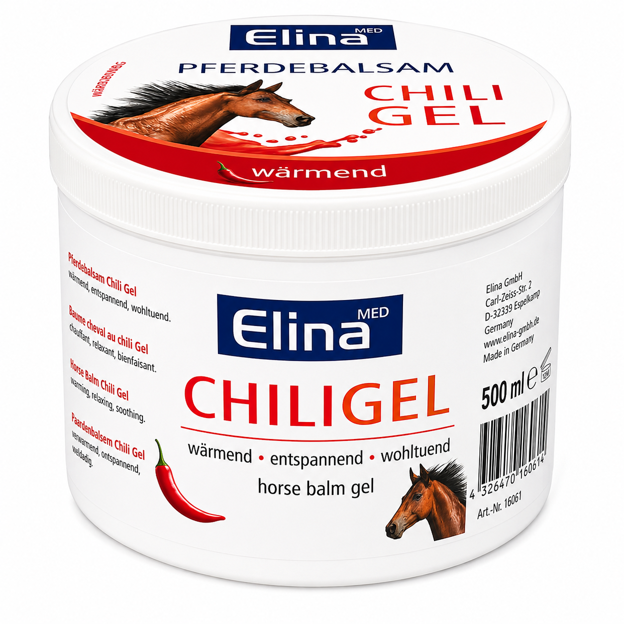 Elina Med Paardenbalsem Chili Gel 500ml – Verwarmend | Spieren & Gewrichten