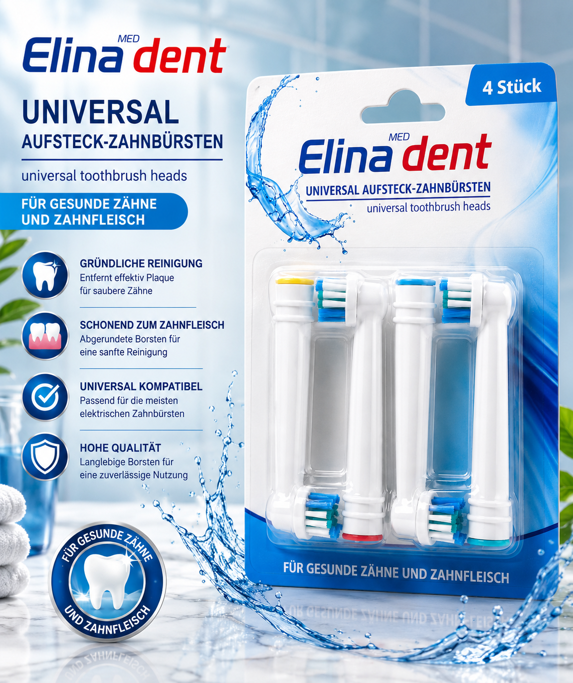 Elina - Universele Opzetborstels 4 Stuks – DuPont® Nylon – Elektrische Tandenborstel