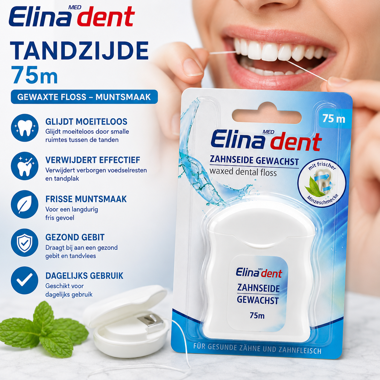 Elina Dent Tandzijde 75 m – Gewaxte Flosdraad met Muntsmaak