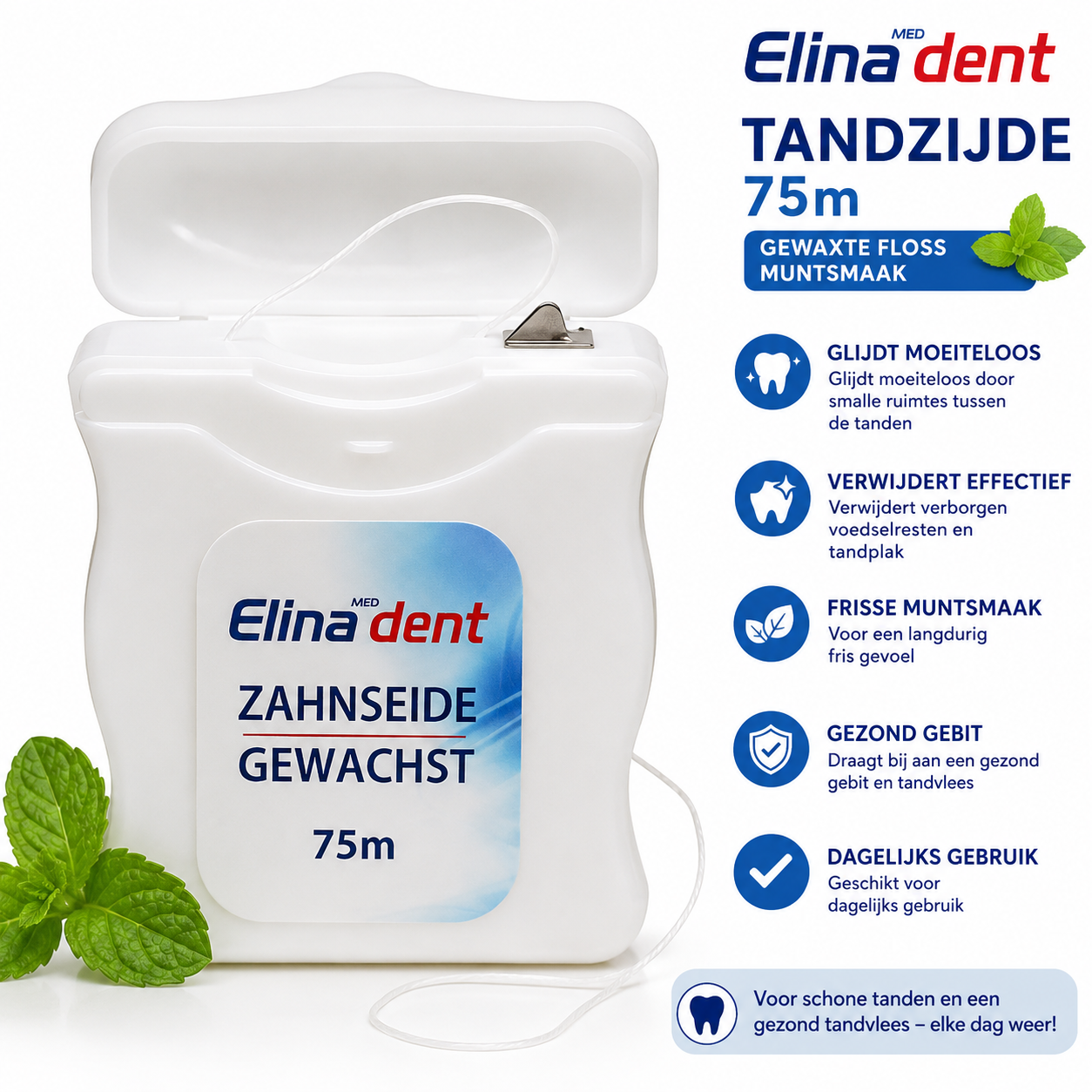 Elina Dent Tandzijde 75 m – Gewaxte Flosdraad met Muntsmaak