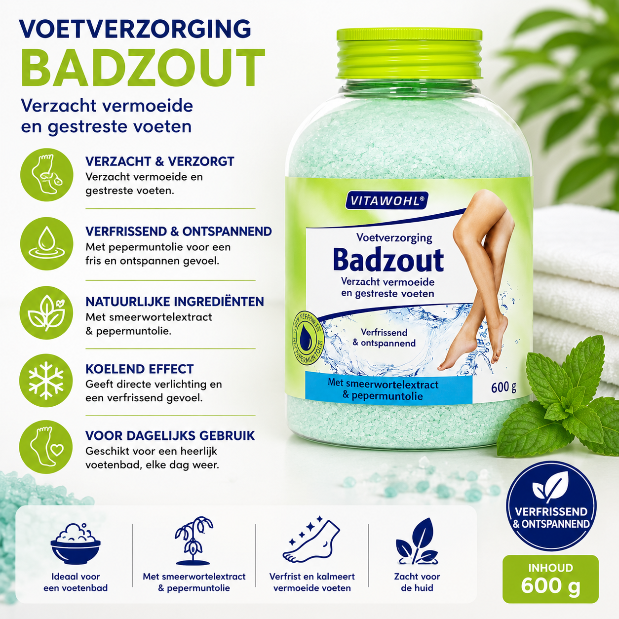 Vitawohl Voetverzorging Badzout 600g – Smeerwortel & Pepermunt