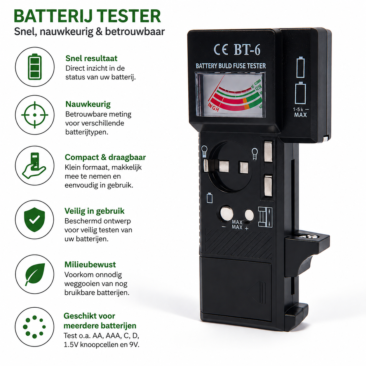 Benson Batterij Tester – Universeel voor AAA, AA, C, D, 9V & Knoopcellen