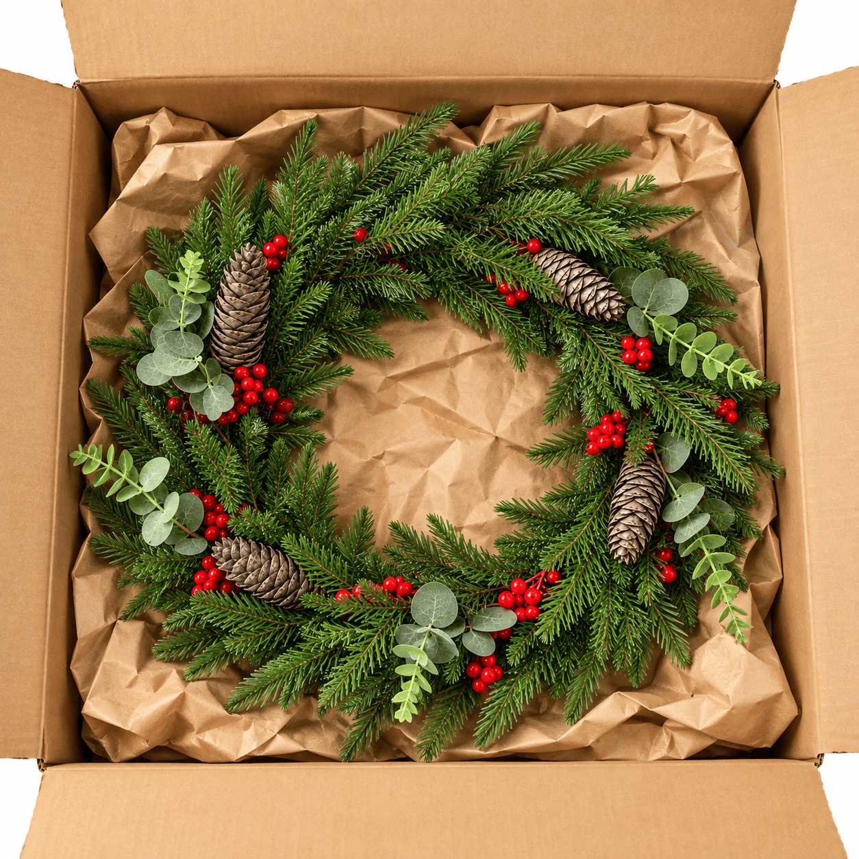 Kerstkrans 60 cm – Rode Bessen, Dennenappels & Eucalyptus | 130 Takpunten | Binnen & Buiten