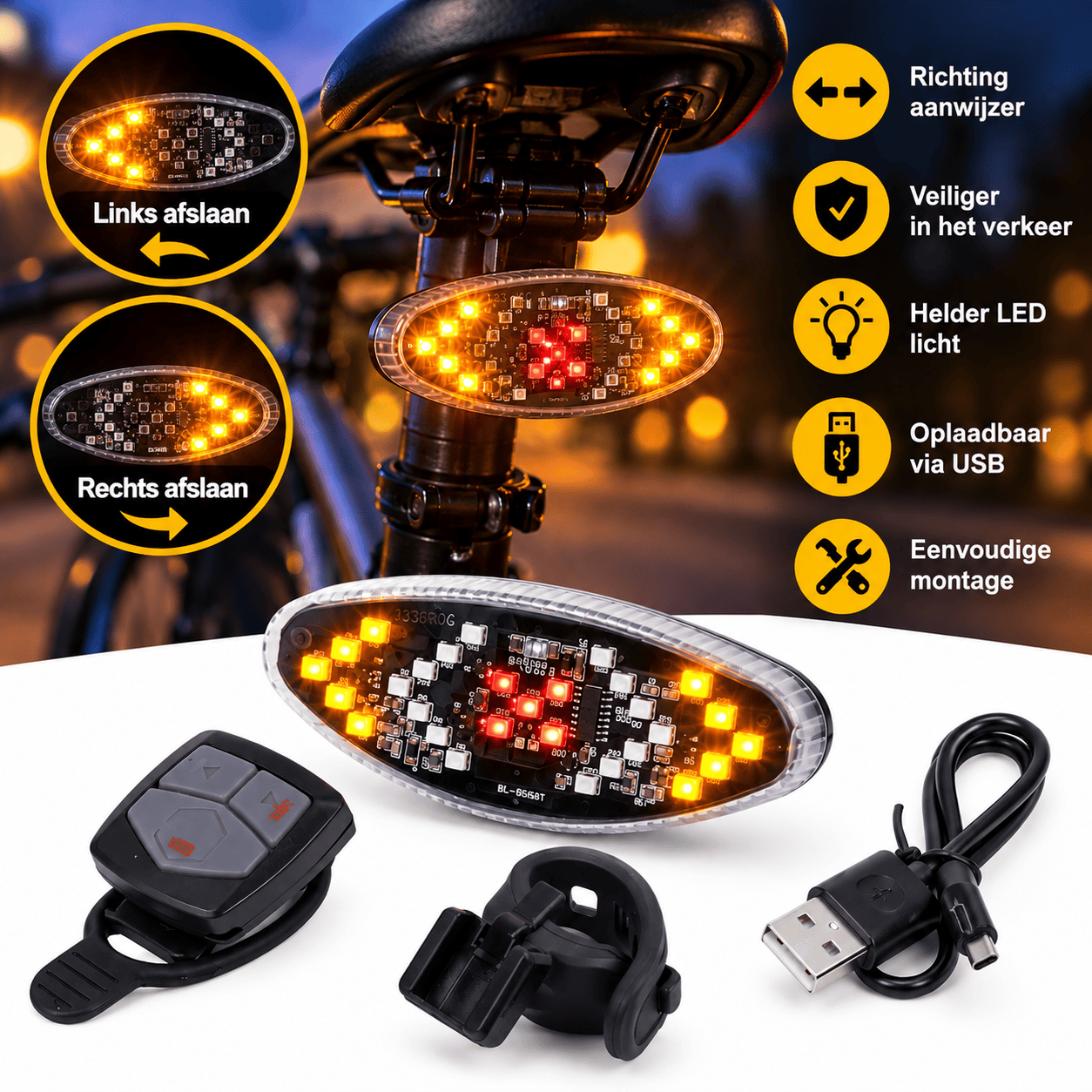 Benson Fietslamp met Richtingaanwijzer - LED - 3.7 Volt - 800 Mah