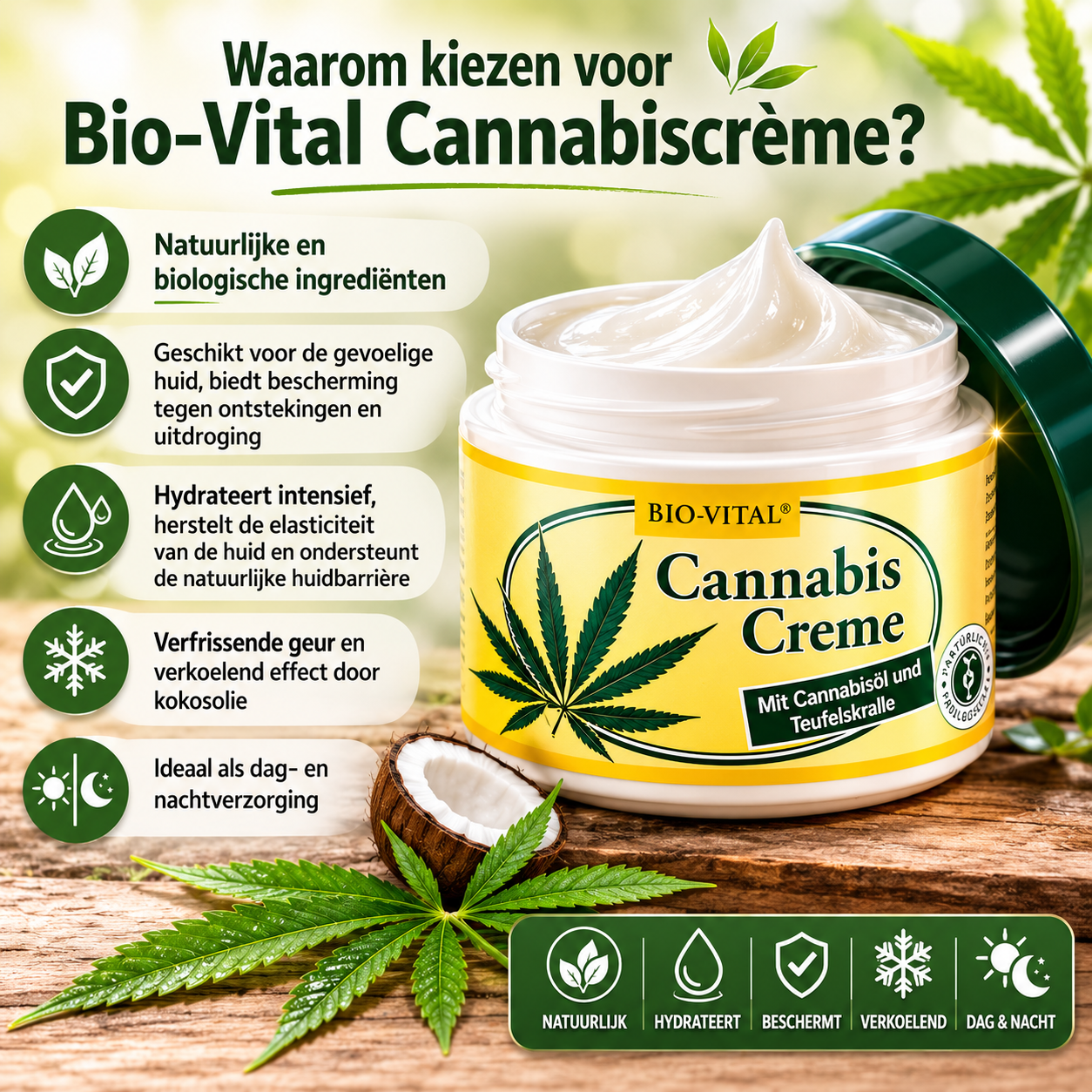 Bio-Vital Cannabis Gezichtscrème - 125ml - Biologische Dag- en Nachtcrème met Hennepolie &amp; Kokosolie - Hydraterend &amp; Ontstekingsremmend