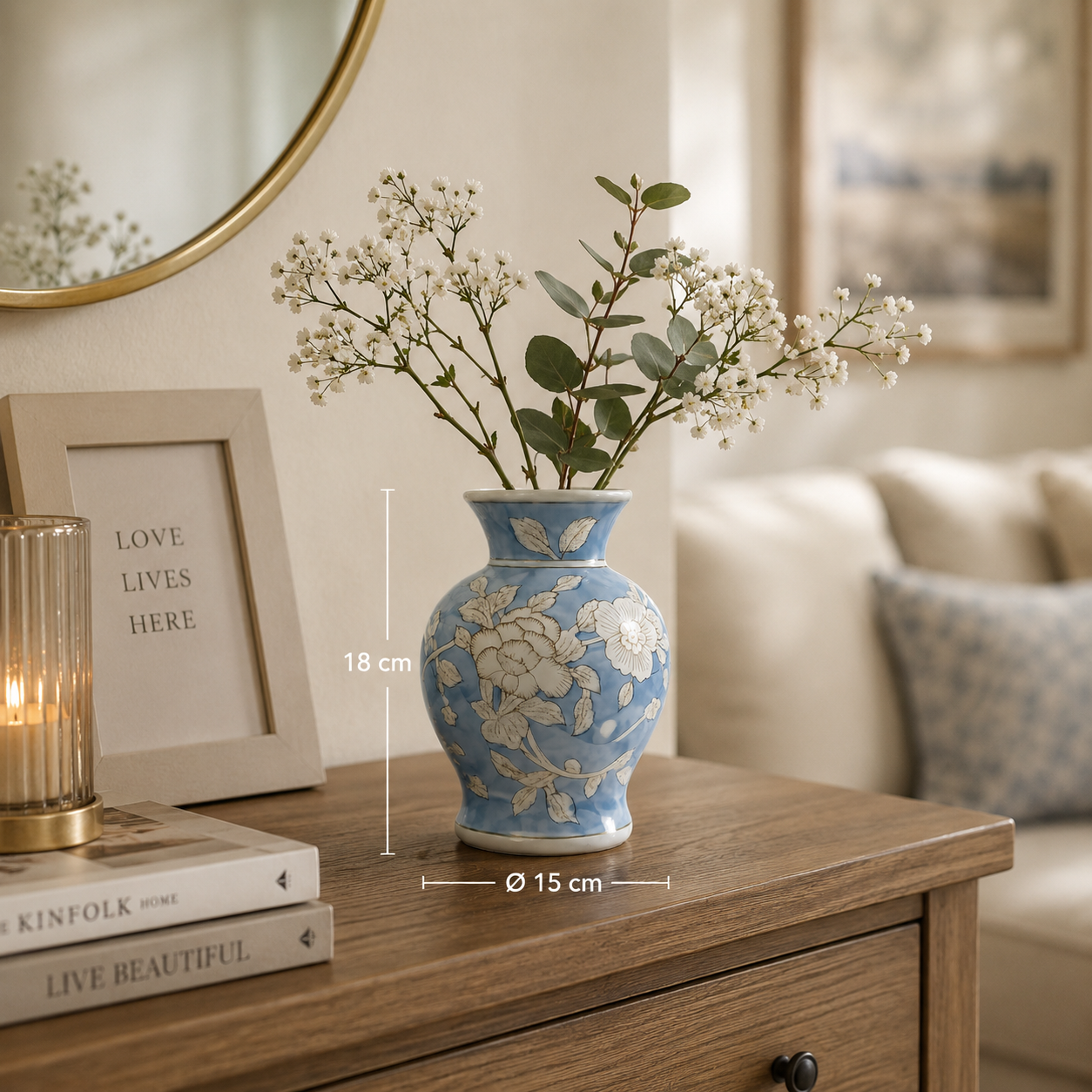 Porseleinen Bloemenvaas – Blauw Wit Bloemmotief – Chinoiserie Stijl – Ø 15 × H 18 cm